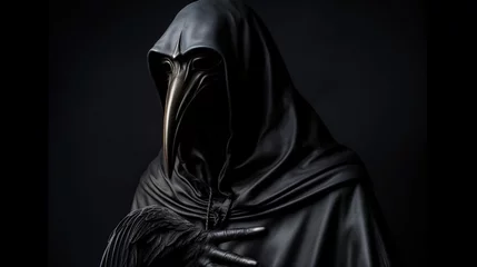Fototapeten A mysterious figure emerges from the shadows, wearing a long cloak and a face mask similar to that of a medieval plague doctor. Created using Generative AI technology. © Viktor