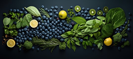 various foods and plants that can help you, in the style of organic contours, indigo and bronze,...