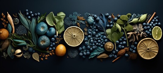 various foods and plants that can help you, in the style of organic contours, indigo and bronze, light indigo and dark green - obrazy, fototapety, plakaty