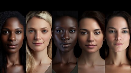 Obraz premium Faces of beautiful women in 3D of different ethnicities and ages on a black background in high resolution and super realistic sharpness
