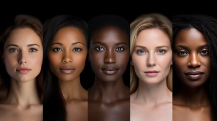 Obraz premium Faces of beautiful women in 3D of different ethnicities and ages on black background in high resolution HD