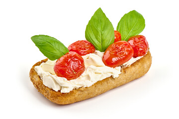 Bruschetta with cream cheese, isolated on white background. High resolution image.
