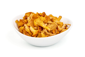 Chanterelle or girolle mushrooms, isolated on white background.