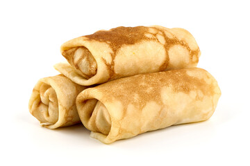 Fried Savory pancake rolls stuffed with ground meat, isolated on white background. High resolution image.
