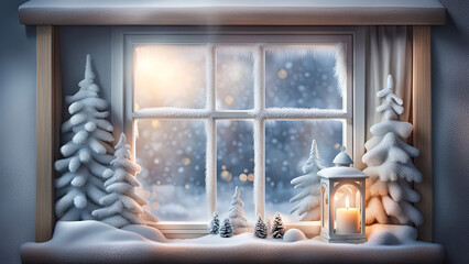 Christmas decoration on the winter window with fir tree, overlooking the snowy forest outside.Hygge, New Year, wintertime holidays concept.Generative AI