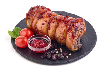 Pork Roast pork with prunes, isolated on white background. close-up.