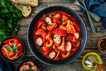 Delicious letcho - vegetables with sausages on wooden table
