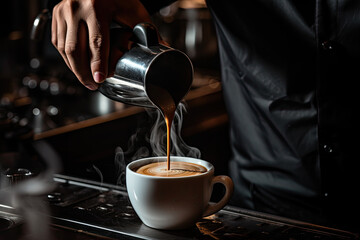 Espresso coffee being poured into a cup with milk - obrazy, fototapety, plakaty