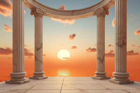 Ancient marble pillars in elliptical arrangement on sunset sky background.