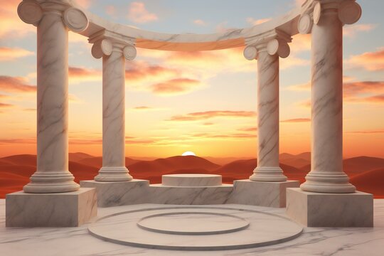 Ancient marble pillars in elliptical arrangement on sunset sky background.