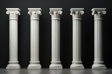 Five white color Ancient marble pillars on the black background.