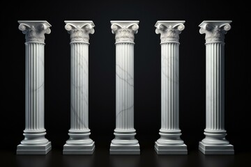 Five white color Ancient marble pillars on the black background.