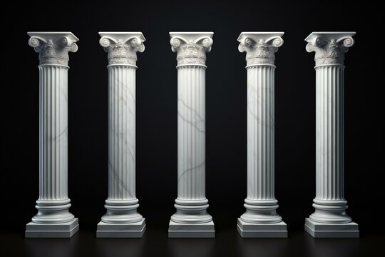 Five white color Ancient marble pillars on the black background.