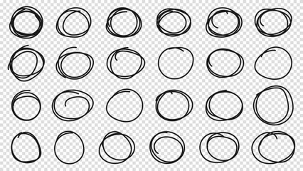 Hand drawn circle or oval line sketch set. Hand drawing circular scribble doodle round circles. Vector illustration for message note mark design element on a transparent background. - obrazy, fototapety, plakaty