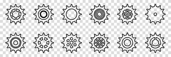 Simple Gear wheel collection. Cogwheel. Gears icon outline set. Setting gears icon. Machine gear icon vector set. Gear icons. Different style icons set. Vector illustration on a transparent background