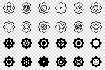 Gears icon set. Setting gears icon. Collection of mechanical cogwheels. Vector illustration with black silhouettes sprocket icons or signs design element. Transparent isolated background.