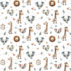 Watercolor childish seamless pattern with cute jungle animals: elephant, lion, giraffe and birds isolated on white background.