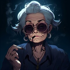 a 90s anime old woman with tattoos on her body wearing round glasses like a gangster