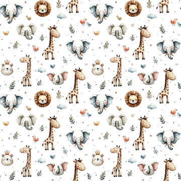 Watercolor childish seamless pattern with cute jungle animals: elephant, lion, giraffe and birds isolated on white background.