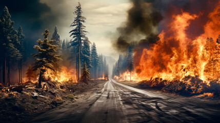 The forest, located near a roadway, is being destroyed by a natural disaster in the form of a fire