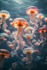 Fototapeta na wymiar Vivid Elegance: Colorful Jellyfish Floating Through the Water