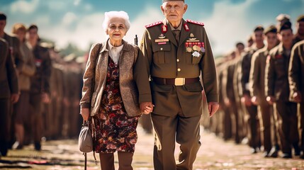 a couple of grandfather and grandmother wearing veteran army uniforms