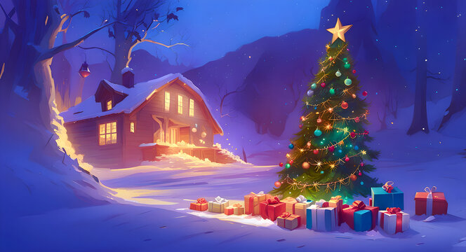 Christmas Winter Season Snow House With Tree