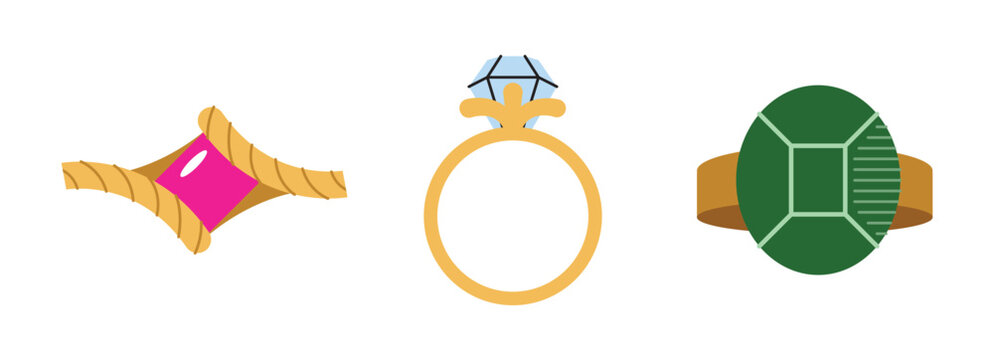 Golden jewelry set. Cartoon gold ring with precious stones flat elegant expensive accessories in modern style. Vector illustration isolated on white background