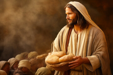 Miracle of Multiplying Loaves: Jesus Blessing - obrazy, fototapety, plakaty