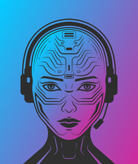 Art artificial intelligence woman with a headset. Art woman with microchip on face with headphones and microphone artificial intelligence. Pink and blue gradient background.