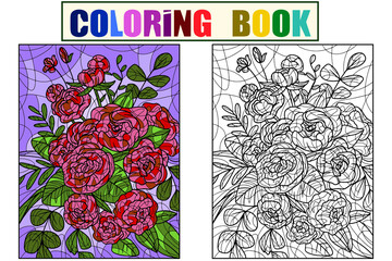 Flowers peonies, white background. Seth coloring book and color drawing. Example lesson antistress
