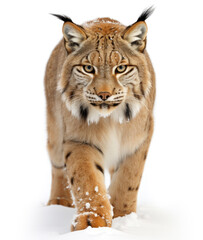 Fototapeta premium lynx walks forward looking straight into the eyes, isolated on a white background.
