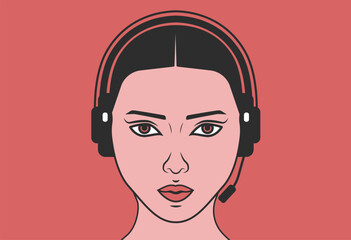 Avatar of woman call centre operator with headset. Woman operator in headphones with microphone on a red background. Operator tired, angry, red eyes. eps10 - obrazy, fototapety, plakaty