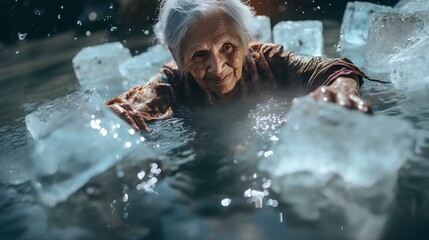 a grandmother in a kebaya is soaking in a pool filled with square ice cubes 