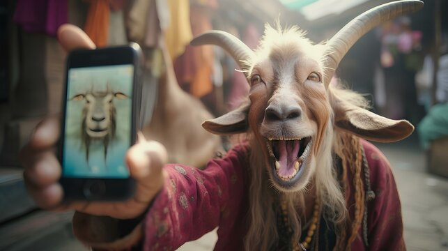 a goat-headed person is taking a selfie with a cell phone