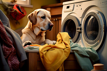Funny pet Labrador dog put his paws on basket with dirty laundry in bathroom. Household chores and...