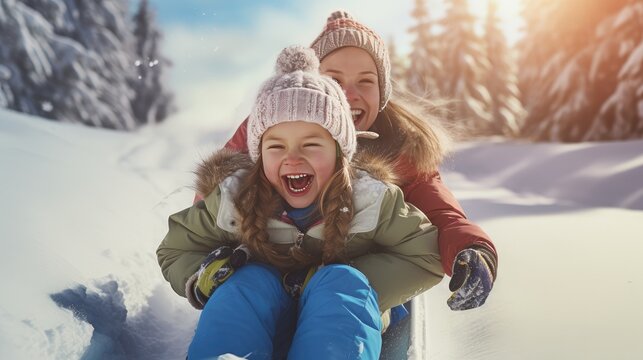 Snowy Adventures: the excitement of sledding in a winter wonderland. Perfect for winter-themed designs and family-oriented stock images