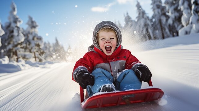 Snowy Adventures: the excitement of sledding in a winter wonderland. Perfect for winter-themed designs and family-oriented stock images