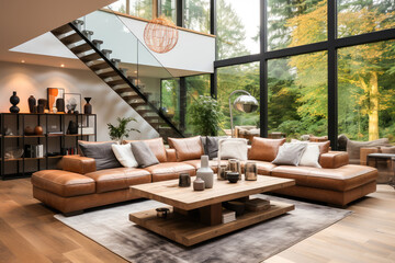 Elegant contemporary living room with large windows showcasing a serene forest view, combined with modern furnishings and chic decor.