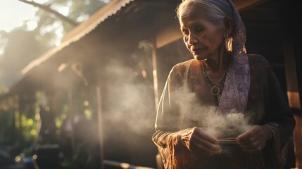 an old woman smoking a cigarette outside