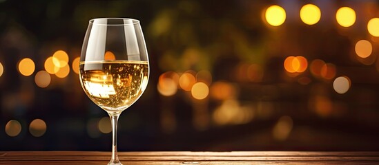 White wine on wooden table in dimly lit romantic restaurant ambiance