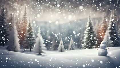 winter christmas background background. Xmas tree with snowman decorated with garland lights, holiday festive background. Widescreen backdrop. New year Winter art design, wide screen snow