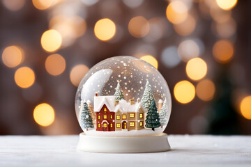 Fototapeta na wymiar Christmas snow globe. Cute cozy town and snowflakes inside. Blurred background, bokeh texture. AI Generative