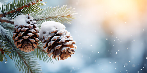 Fototapeta na wymiar Fondos navideños con nieve, piñas, adornos y estrellas de navidad