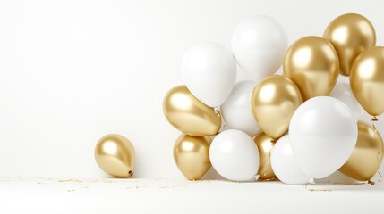 Luxurious Balloon Bliss: allure of gold and white balloons against a clean white canvas, ideal for elevating the atmosphere in design projects and stock imagery."