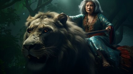 a grandmother wearing a kebaya majestically riding a lion in the jungle