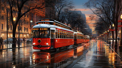 Glistening Winter Avenue with Vintage Trams, generative ai - obrazy, fototapety, plakaty