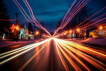 Fototapeta na wymiar A long-exposure shot of a street with Christmas lights, Generative AI, AI