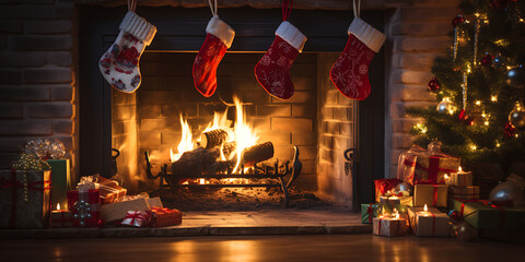 Salón navideño con chimenea y calcetines para reglaos.