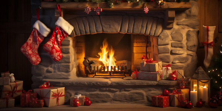 Sal&oacute;n navide&ntilde;o con chimenea y calcetines para reglaos.